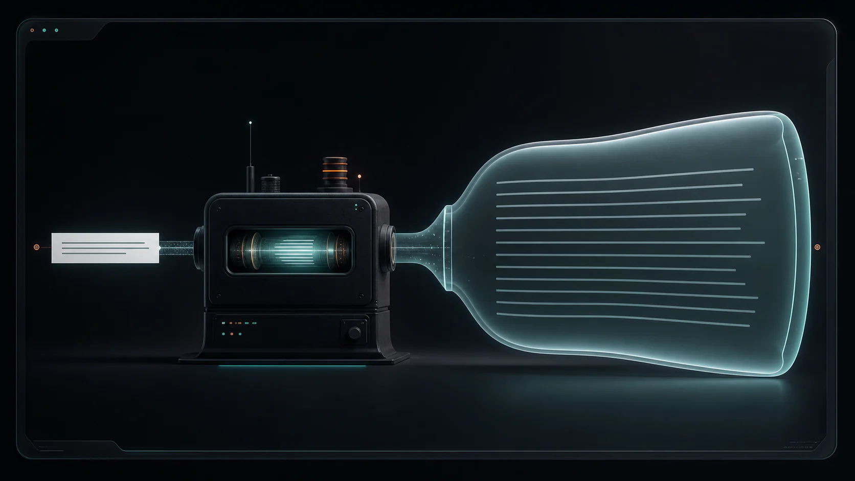 A sentence entering a dark machine and exiting as a much larger hollow language bubble