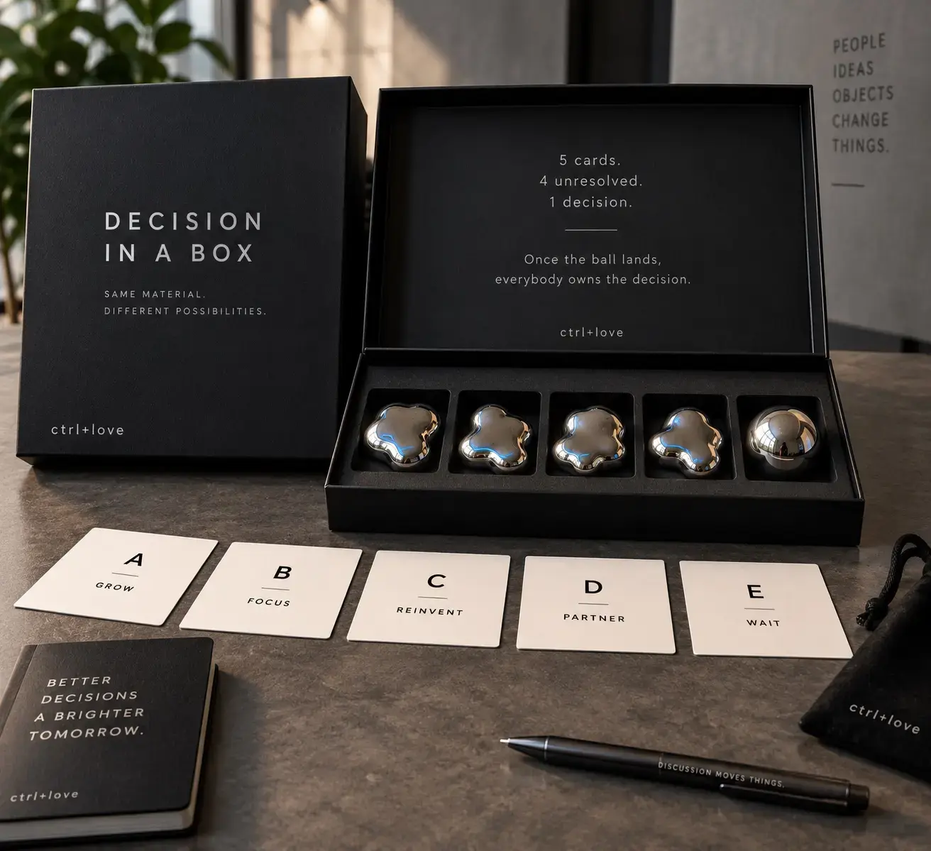 Decision in a Box with five metal forms and decision cards