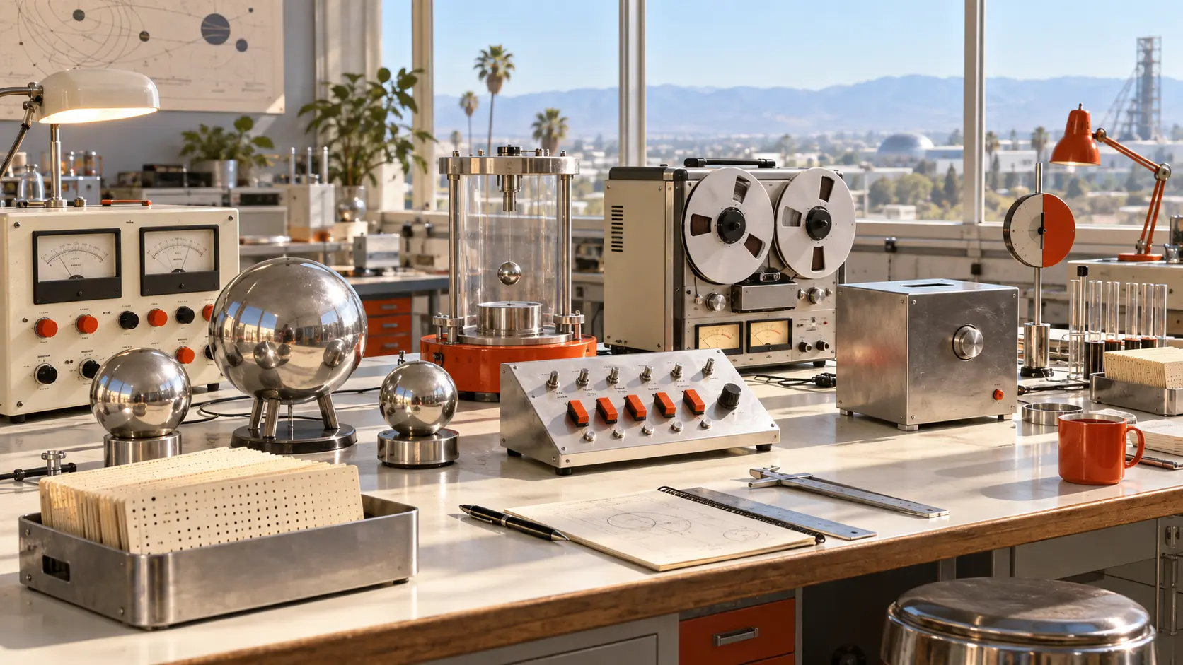 A sunlit workshop filled with ctrl+love decision instruments